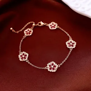 Flower Pendant Bracelet 18K Gold Plated Copper With Red White Zircon Elegant Cherry Blossom Jewelry For Women