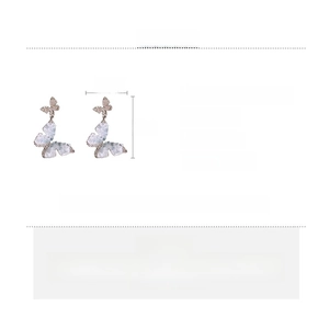 Detailed view of butterfly zircon earrings with measurements and silver needle care tips