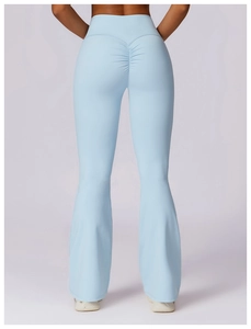 Detailed back view of high-waisted light blue flare yoga pants with scrunch butt lifting design