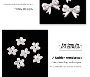 Detailed view of pearl luster bow and five-petal flower acrylic beads for DIY jewelry