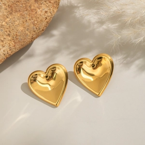 Modern 18K gold-plated heart-shaped stud earrings with reflective polished finish