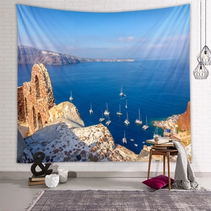 Detailed view of Mediterranean tapestry showing Santorini sea view and white yachts