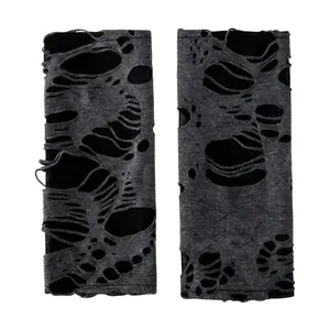 Guanti lunghi grigi stile punk con fori irregolari e design senza dita in maglia
