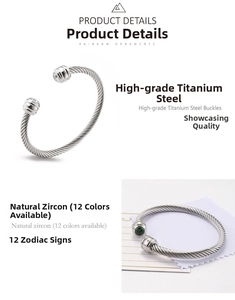 Detailed view of titanium steel cable bracelet featuring round birthstone zircon ends
