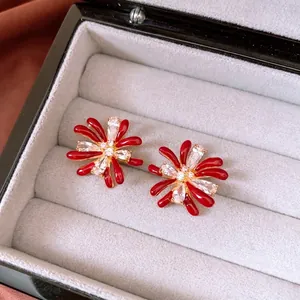 Elegant Flower Firework Stud Earrings 18K Gold Plated Copper Red Enamel Zircon With Silver Earring Post Fashion Jewelry Women