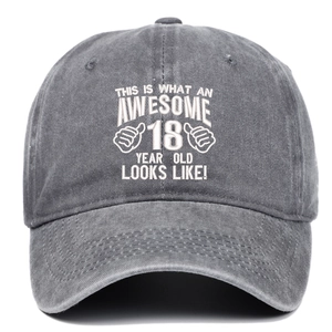 Grey washed denim 18th birthday baseball cap with awesome 18 year old embroidery