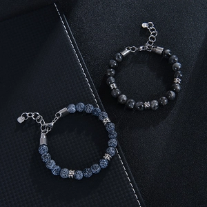 Bracelets en lapis-lazuli 8mm et perles noires avec chaînes réglables en acier inoxydable