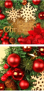 Detail of Christmas wreath with red gold balls, natural pine cones and Merry Christmas sign