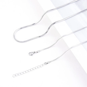 Polished silver snake chain necklace with lobster clasp and extender on white background