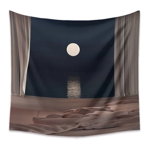 Detail of bohemian tapestry fabric showing surreal moonlit sea and curtain texture