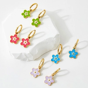 Flower Hoop Earrings Stainless Steel Enamel Five Petal Pendant Sweet Colorful Two Tone Jewelry For Women