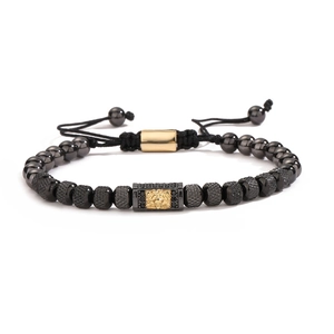Men's retro beaded bracelet with golden lion head charm and adjustable black woven cord