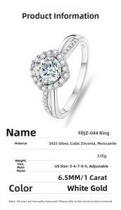 Technical details of adjustable S925 sterling silver ring with 1ct moissanite gemstone