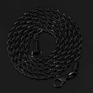 Detail of a black electroplated stainless steel rope chain with a secure lobster clasp