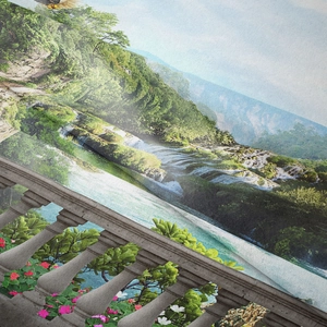 Detailed close-up showing high-definition waterfall landscape print on soft woven fabric
