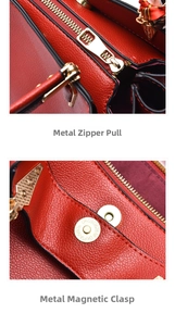 Detail of red lychee leather texture with gold zipper puller and magnetic buckle