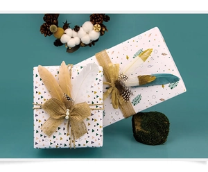 Leopard print gift wrap detail with jute twine, decorative feathers, and cotton floral