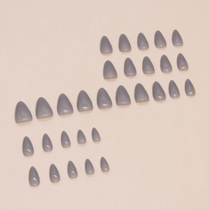 Glossy grey-purple almond press-on nails set with 24 pieces in various sizes