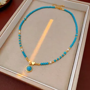 Collier cœur bohème plaqué or avec perles de turquoise et petites perles pour femme
