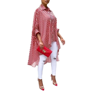 Detail of red and white vertical striped shirt with asymmetrical hem and long sleeves