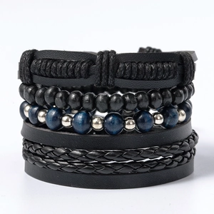 Detail view of multi-layer leather bracelets with blue tiger eye beads and wood beads
