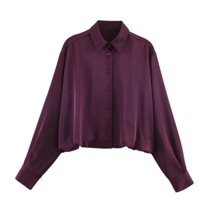 Women Satin Blouse Long Sleeve Lapel Collar Button Down Satiny Texture Balloon Hem Elegant Shirt Tops