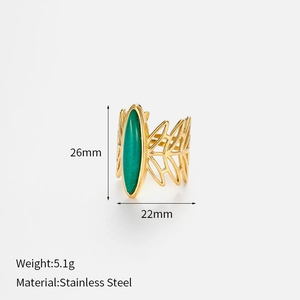 Detail view of 5.1g gold stainless steel ring with green oval stone and hollow design