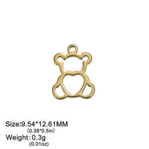 Golden hollow heart bear pendant, minimalist charm size 9.54x12.61mm for jewelry making