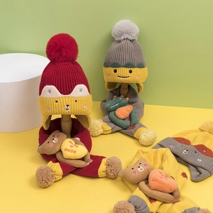 Cartoon kids knit hat and scarf set with pom-poms in fox, bear, and dinosaur designs