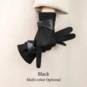 Gants élégants en daim noir avec design de lanières en cuir croisées pour l'hiver
