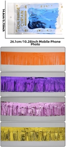 Detailed view of colorful foil fringe curtains for party decor in assorted vibrant colors