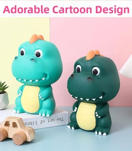 Detailed close-up of cute cartoon dinosaur piggy banks in green and light green colors