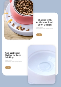 Detail of pink splash-proof cat bowl set with floating water disc and food tray