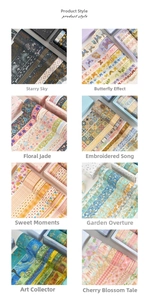 Detail of artistic washi tape set featuring gold foil textures and vintage patterns