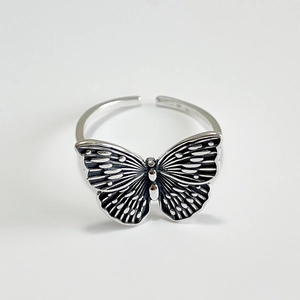 925 Sterling Silver Butterfly Ring Vintage Oxidized Finish Adjustable Minimalist Style Fashion Jewelry For Women