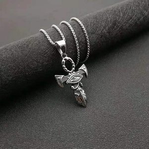 Men's titanium steel Eye of Horus Ankh cross pendant necklace with a vintage silver finish