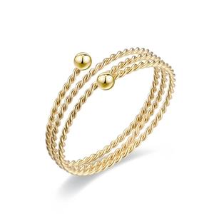 Anello aperto a corda intrecciata dorata con design a tre strati e sfere lucide