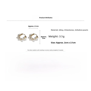 Detail view of flower-shaped earrings with pearls and crystals including dimensions