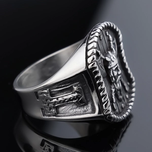 Vintage Viking warrior relief ring in dual-tone stainless steel with Nordic knot details