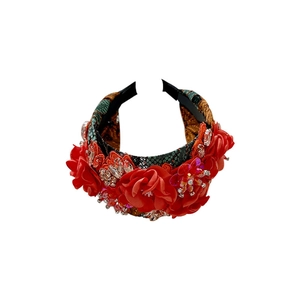 Handmade floral headband with red fabric flowers, rhinestone embroidery and snakeskin pattern