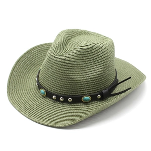 Sage green woven straw cowboy hat with black studded leather band and turquoise accents