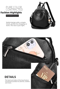Detail view of black PU leather backpack showing anti-theft back pocket and side compartments