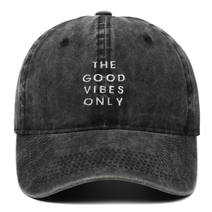 Vintage washed cotton baseball cap with The Good Vibes Only white embroidery text