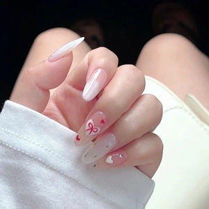 French Sweet Bow Heart Floral Press On Nails Long Almond Shape Gradient Pink White Cute Fashion For Women Girls