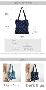 Detailed size chart and dimensions of the star-patterned denim tote bag in blue