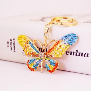 Colorful crystal butterfly keychain with sparkling rhinestones and gold metal lobster clasp