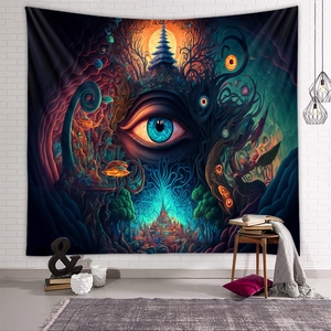 Detailed macro shot of a surreal blue eye mushroom tapestry on a white brick wall