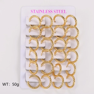 Set of 12 pairs of vintage textured gold C-shaped stainless steel hoop earrings on display