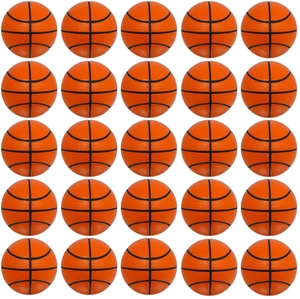 Batch of 25 mini orange PU foam basketball stress balls arranged in a neat 5x5 grid layout