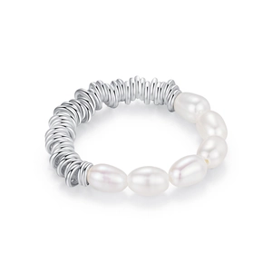 S925 sterling silver baroque pearl elastic ring with minimalist spiral metal texture
